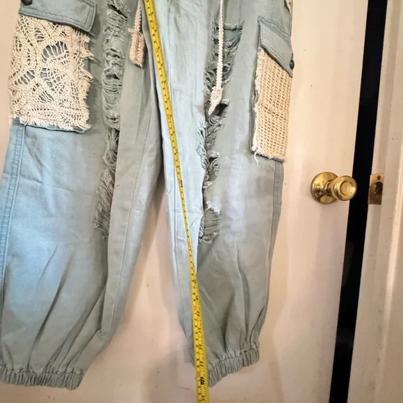 POL Dusty teal Distressed Cargo Pants with Lace Accents - Picture 15 of 15